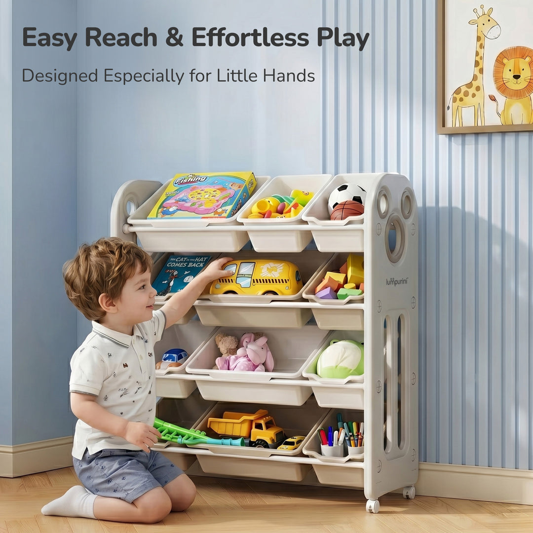 CHILDREN'S STORAGE RACK WITH PLASTIC BINS – LARGE TOY ORGANIZER – KIDS FURNITURE ON WHEELS