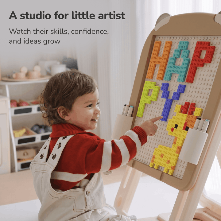 3-IN-1 DOUBLE-SIDED MAGNETIC EDUCATIONAL BOARD – DRAWING + BUILDING BLOCKS + CHAIR
